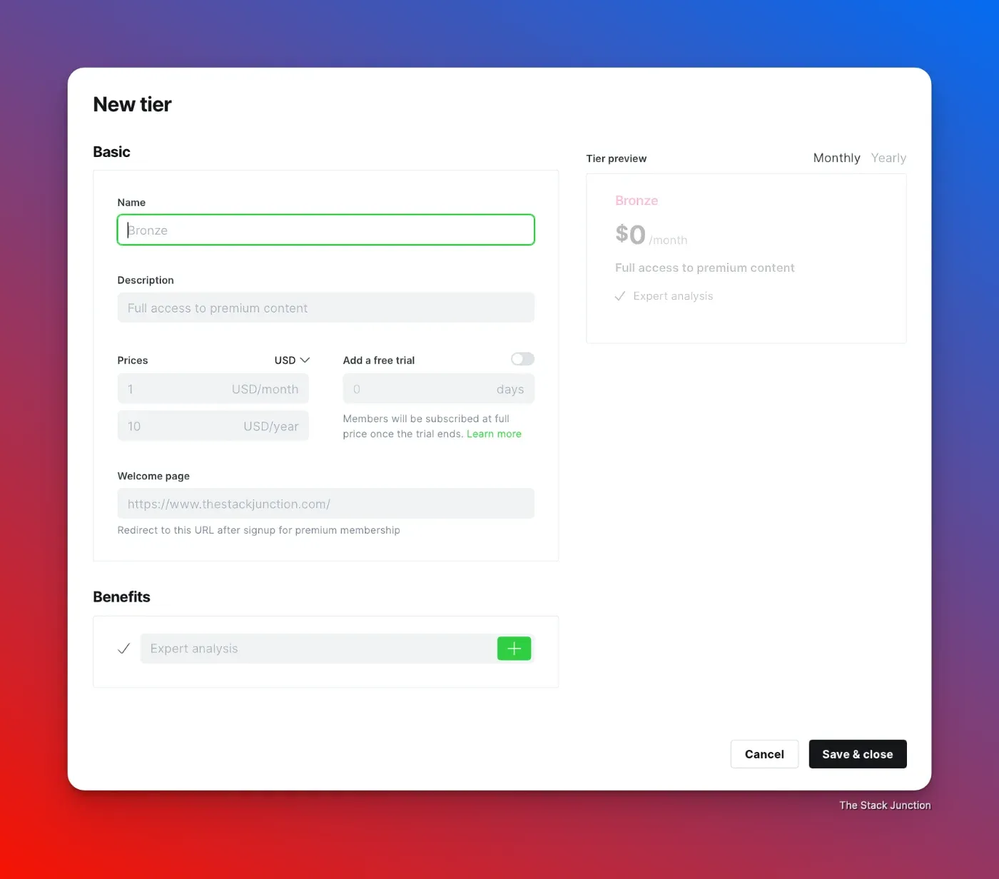 Dashboard on how to create a membership on Ghost CMS.
