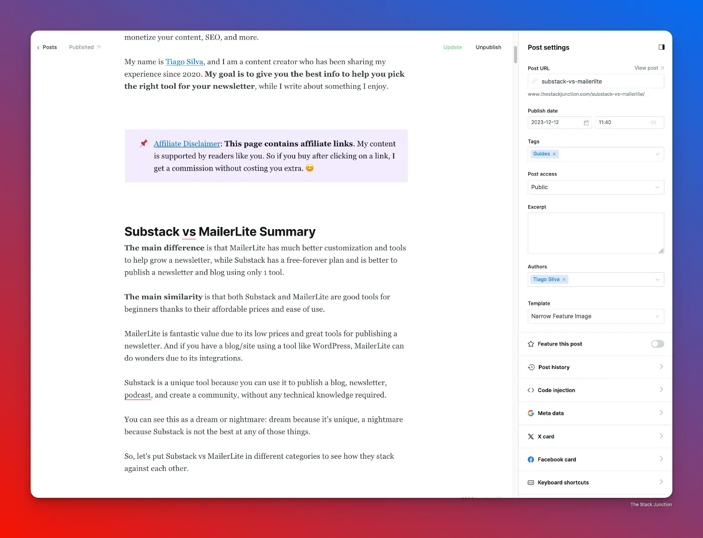 Ghost edition to write posts showing post settings and the editor dashboard.