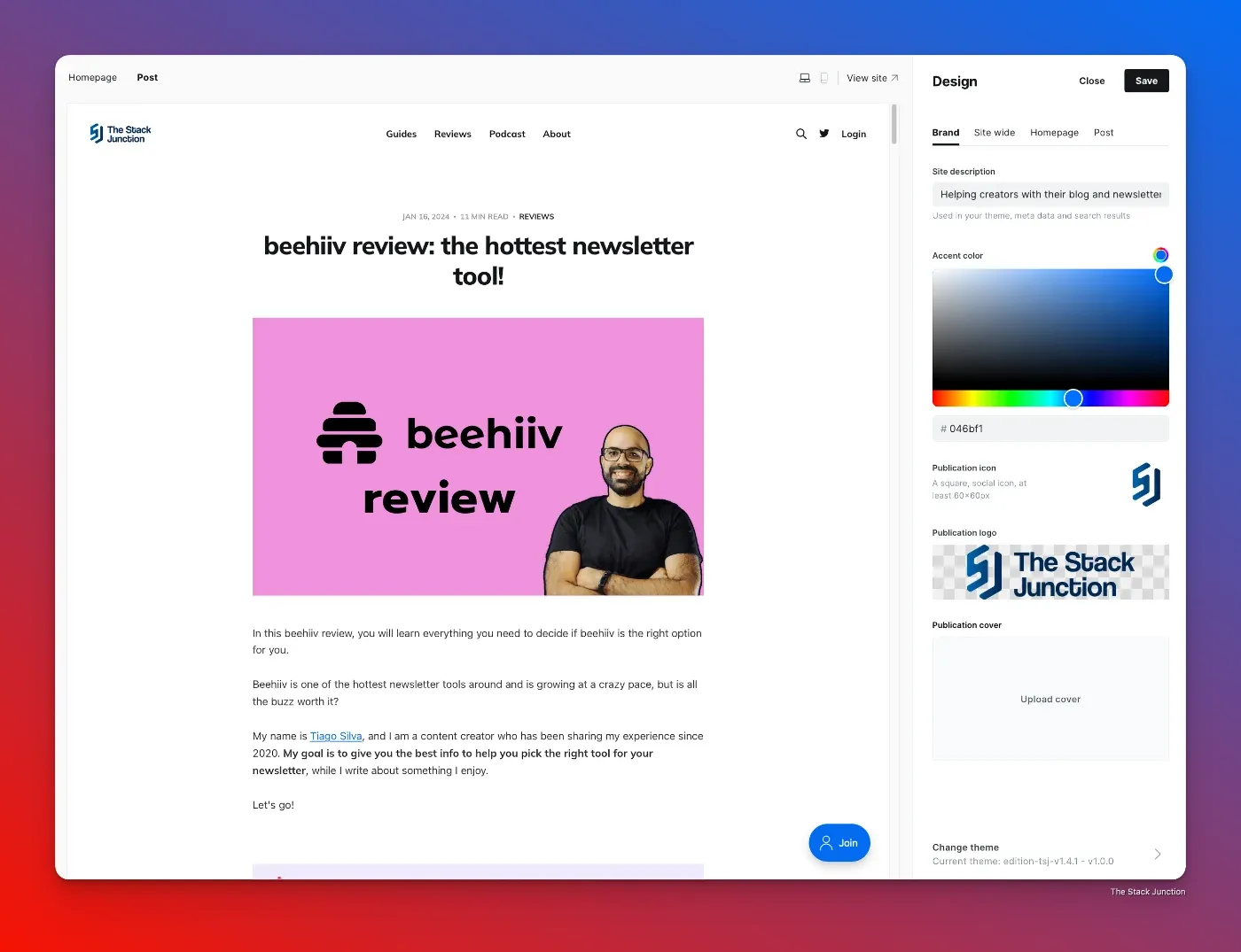 he customization dashboard of Ghost CMS features, with design options on the right.