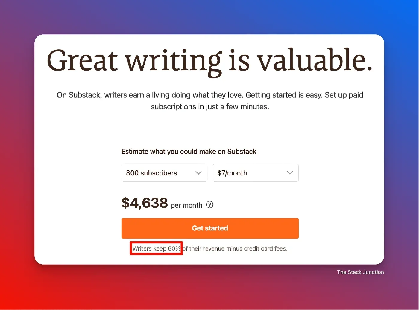 Substack pricing page showing potential earnings for writers based on subscribers and subscription rates, highlighting a 90% revenue share.