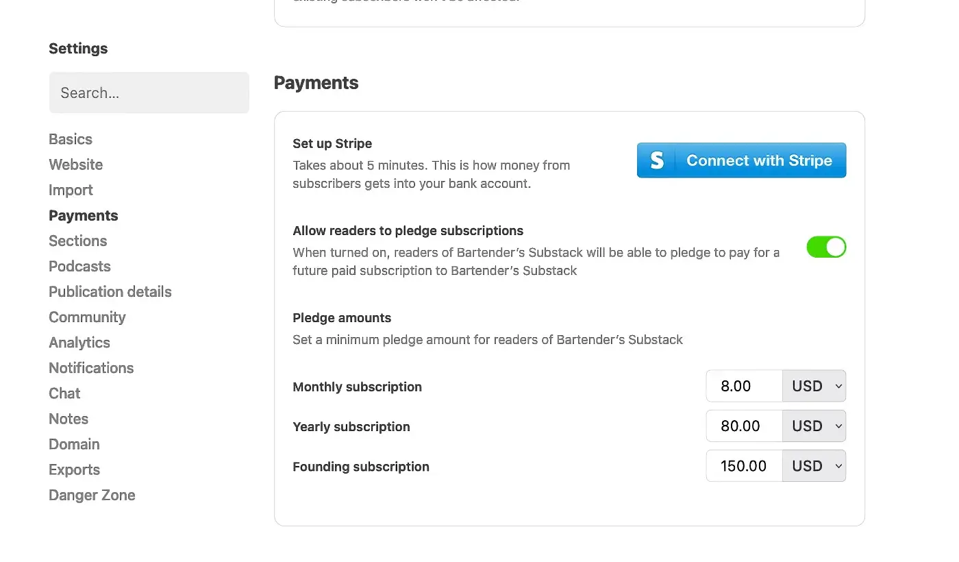 Page on Substack to connect a Stripe account.