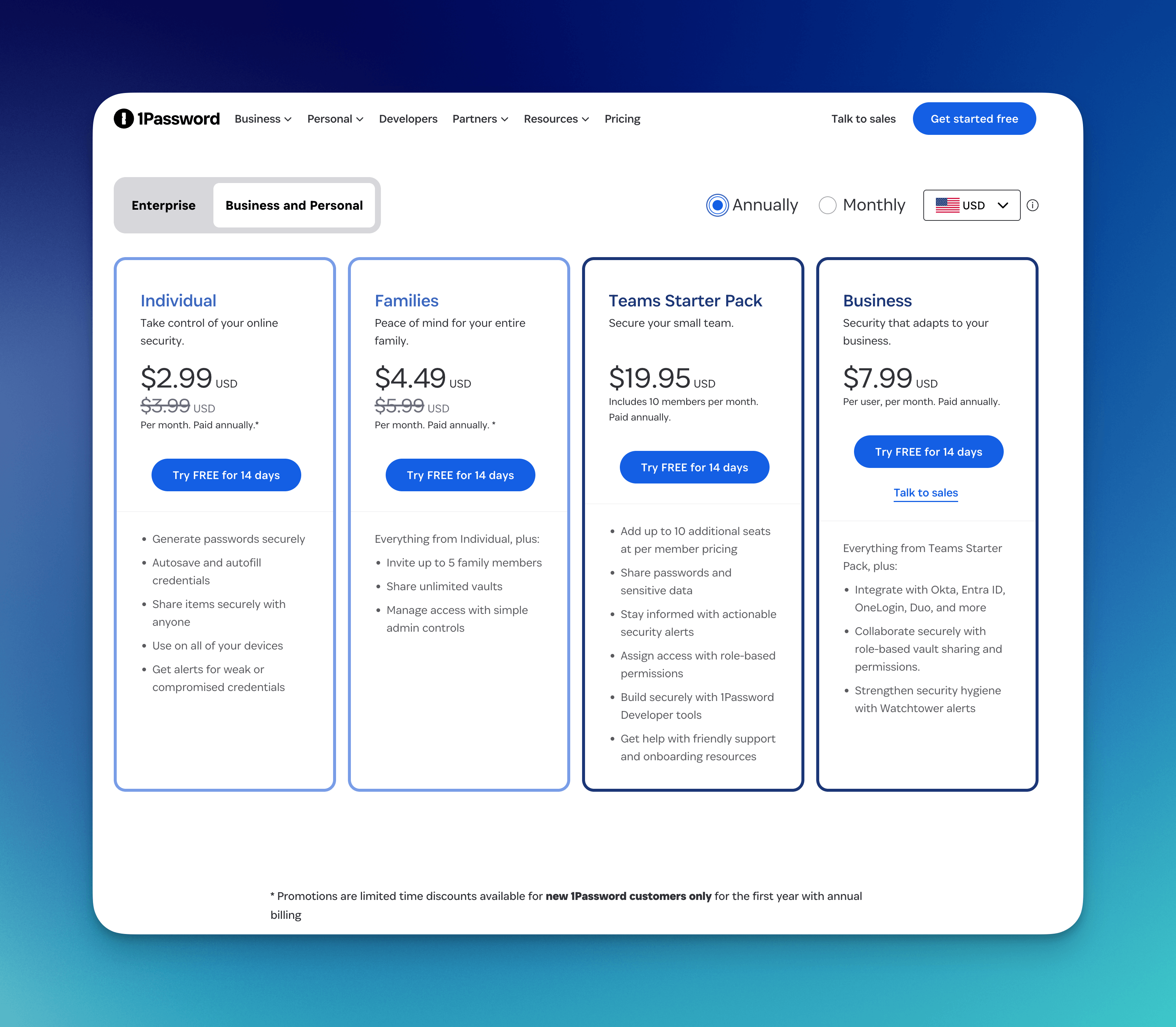1Password pricing page.