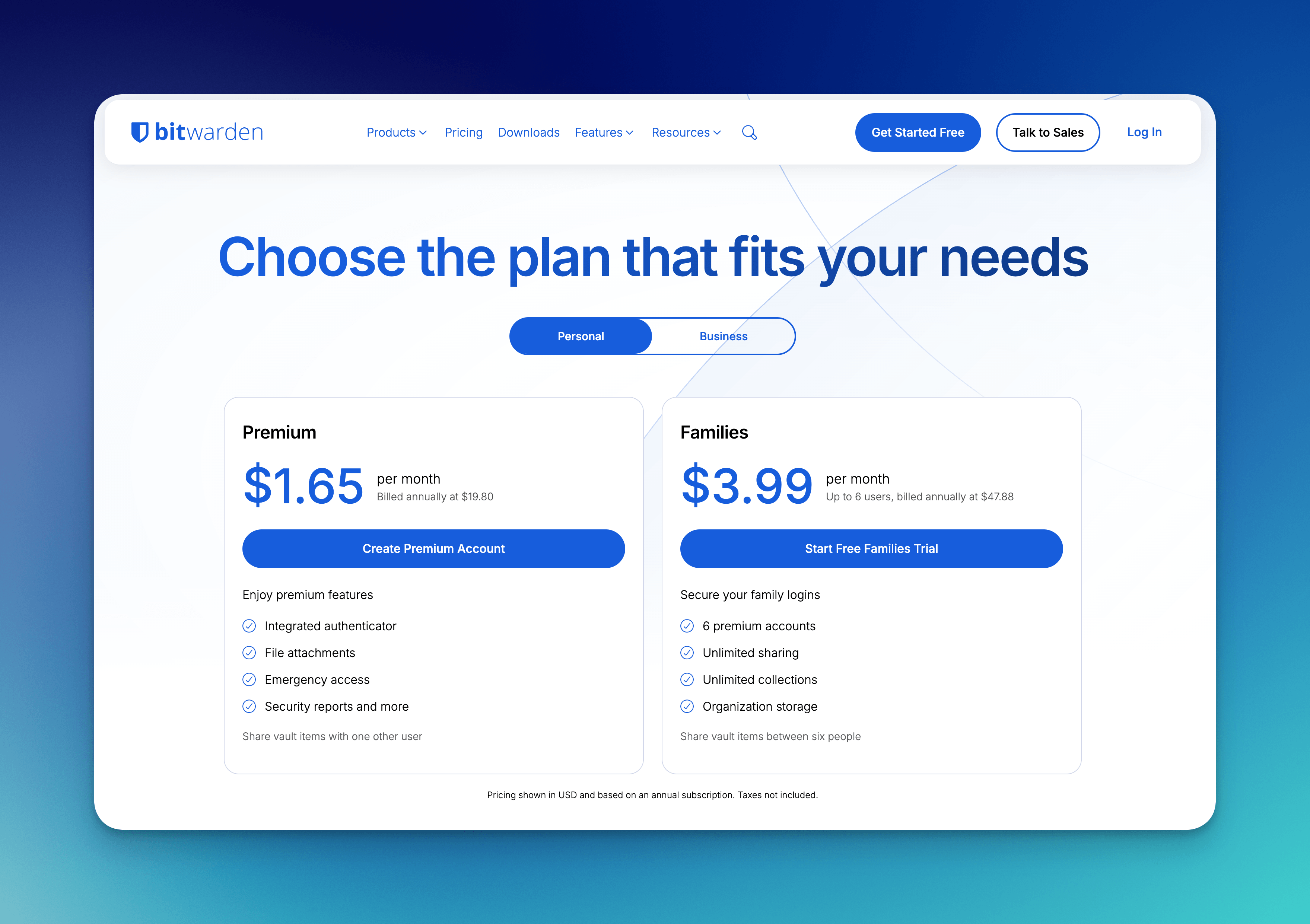 Bitwarden pricing page.