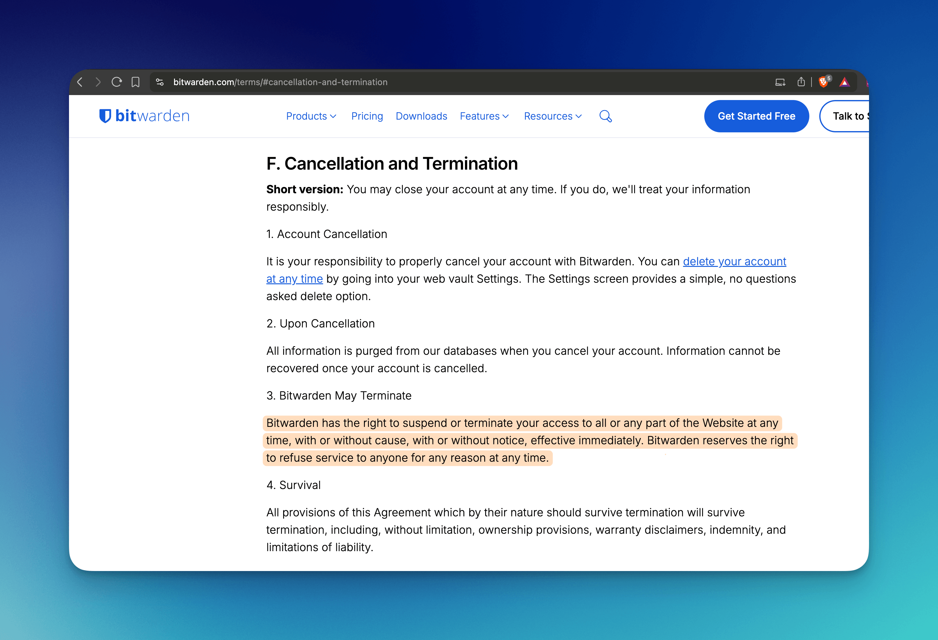 Bitwarden terms of service.