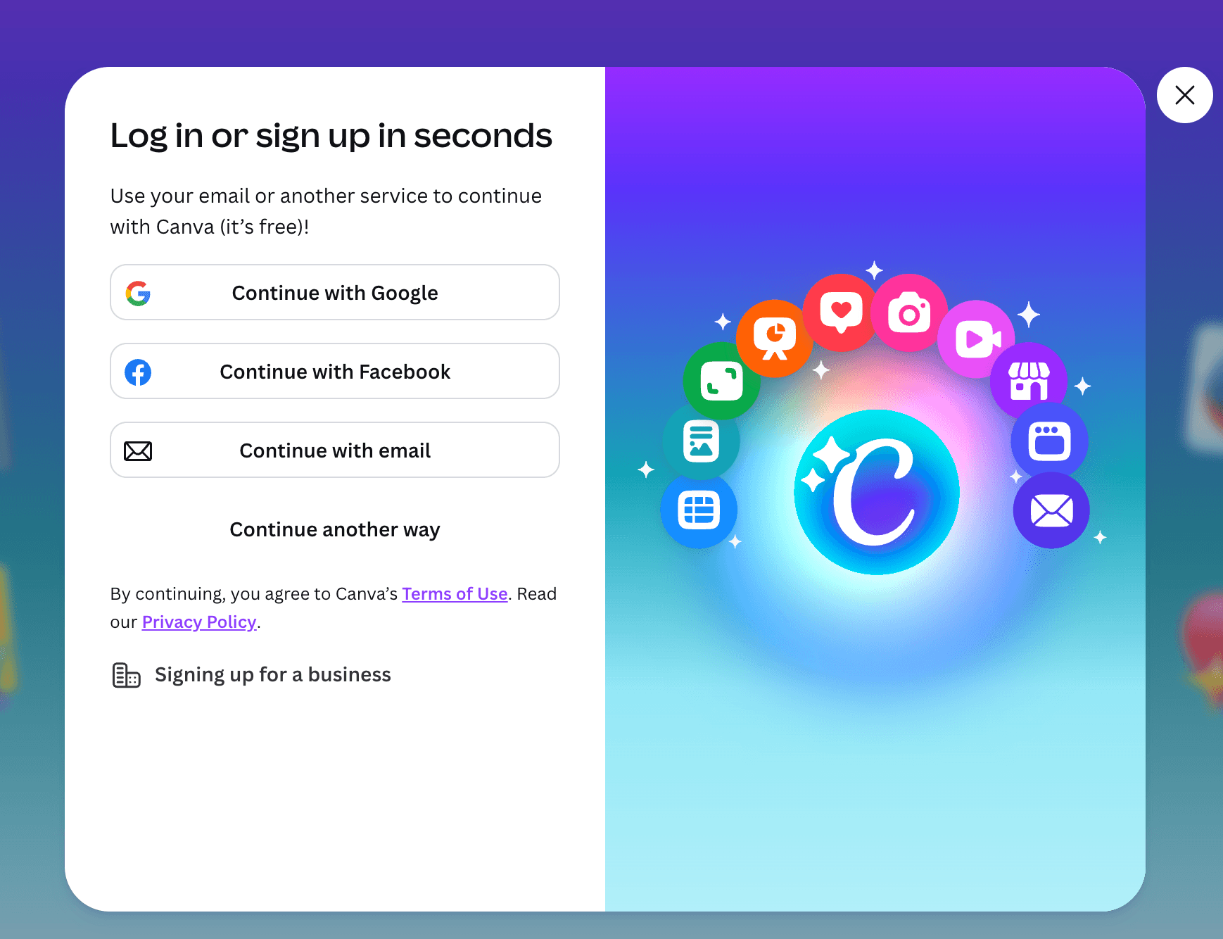 'Sign in With'/ 'Continue with' examples on Canva.com.