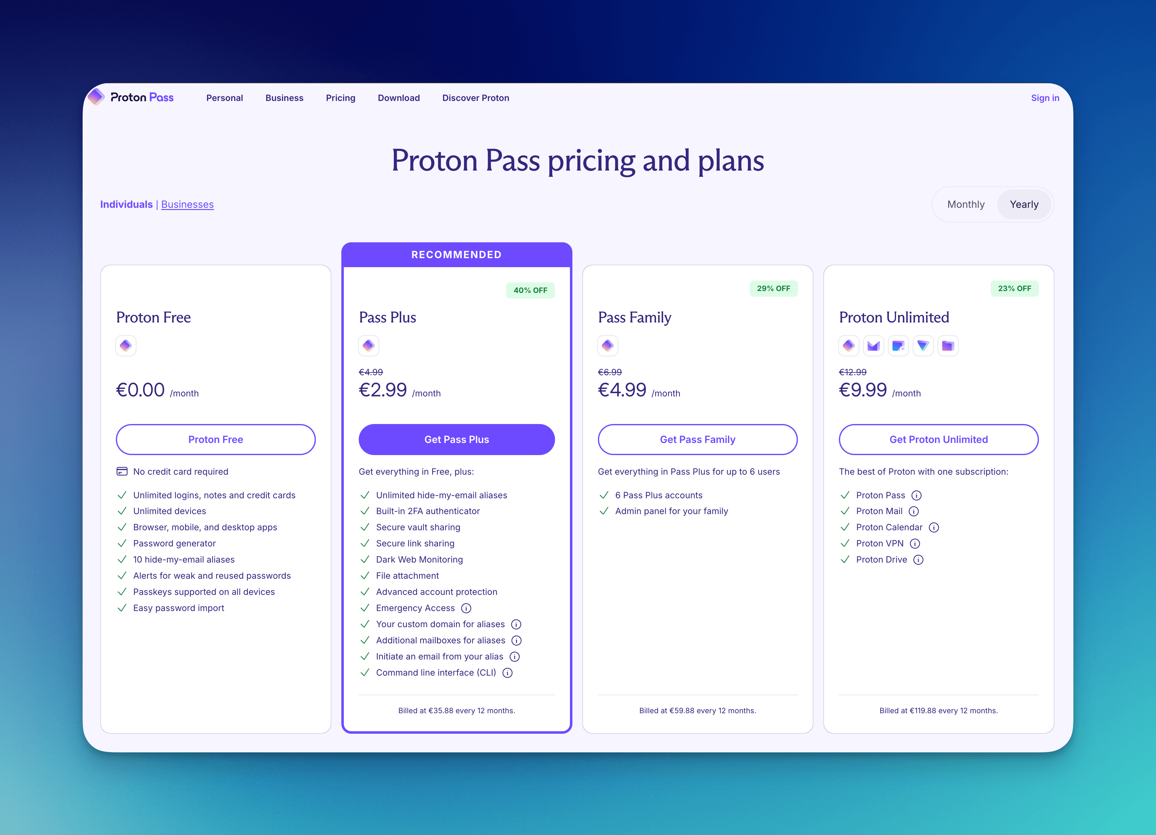 Proton Pass pricing page.